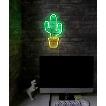 LED Neon Green Cactus Wall Art - USB Powered