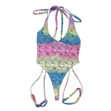 Women Rave Sexy Snakeskin Print Bodysuit Halterneck Swimsuit with Garter Belt