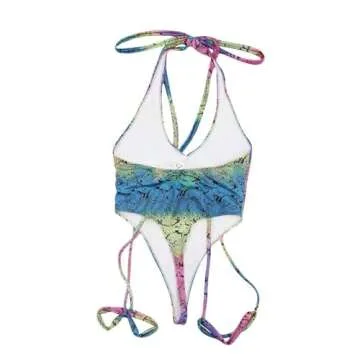 Women Rave Sexy Snakeskin Print Bodysuit Halterneck Swimsuit with Garter Belt