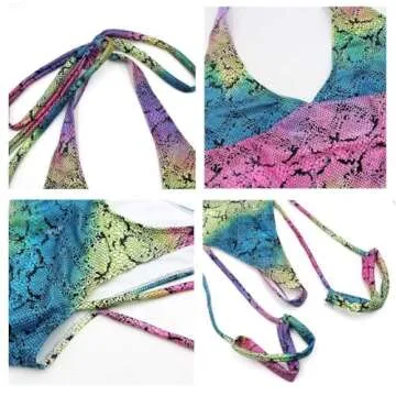 Women Rave Sexy Snakeskin Print Bodysuit Halterneck Swimsuit with Garter Belt