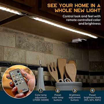 Power Practical Under Cabinet LED Light Kit for Kitchen - 6 Lighting Strips, Power Supply, Motion Sensor, Mounting Brackets for Lights, Manual