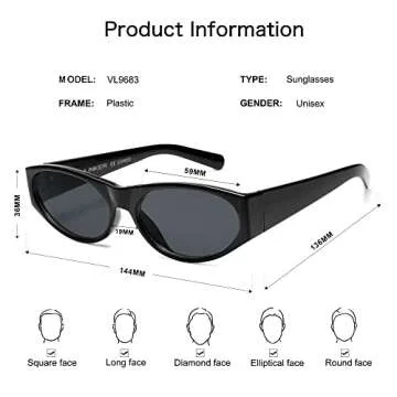 VANLINKER Polarized Retro Small Oval Cat Eye Sunglasses Womens Men Trendy Cateye Shades Narrow 90s Sunnies VL9683 Black Frame Grey Lens