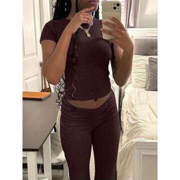 AYWA Women's 2 Piece Lounge Sets Short Sleeve Crop Top Foldover Flare Pants Casual Pajama Outfits