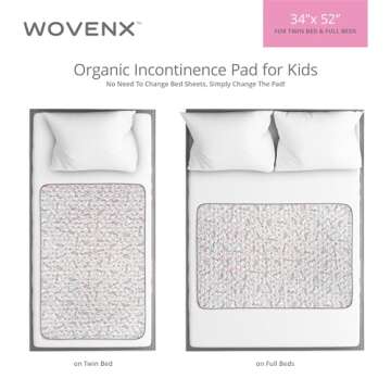 WOVENX Organic Incontinence Pads for Kids & Toddlers - 5 Layer Waterproof Protectors for Overnight Bed Wetting - Reusable & Washable Pee Pads - Fits Twin to Full Size Beds - 34" x 52" Unicorn