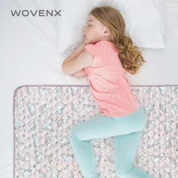 WOVENX Organic Incontinence Pads for Kids & Toddlers - 5 Layer Waterproof Protectors for Overnight Bed Wetting - Reusable & Washable Pee Pads - Fits Twin to Full Size Beds - 34" x 52" Unicorn