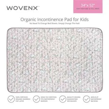 WOVENX Organic Incontinence Pads for Kids & Toddlers - 5 Layer Waterproof Protectors for Overnight Bed Wetting - Reusable & Washable Pee Pads - Fits Twin to Full Size Beds - 34" x 52" Unicorn