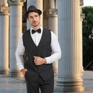 tuptay 1920s Mens Flapper Gangster Prohibition Costume Roaring 20s Cosplay Speakeasy Vest Hat Vintage Accessories Set (Stripe, Adult-XXL)