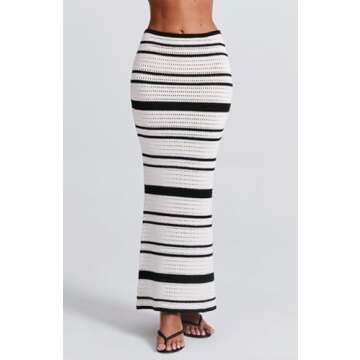 Bowanadacles Woman Summer Two Piece Stripe Print Knit Outfit Off Shoulder Long Sleeves Halter Neck Tie Up Top Bodycon Skirt (multi, S)