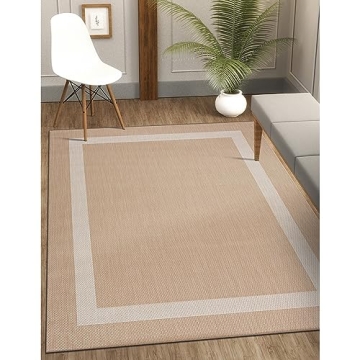 CAMILSON Outdoor Rug - Modern Area Rug for Patios, Porches, Kitchens, and Hallways - Waterproof, Washable, Non-Shedding, Easy-to-Clean Indoor/Outdoor Carpet (5x7, Bordered - Beige/White)
