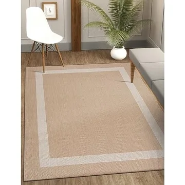 CAMILSON Outdoor Rug - Modern Area Rug for Patios, Porches, Kitchens, and Hallways - Waterproof, Washable, Non-Shedding, Easy-to-Clean Indoor/Outdoor Carpet (5x7, Bordered - Beige/White)