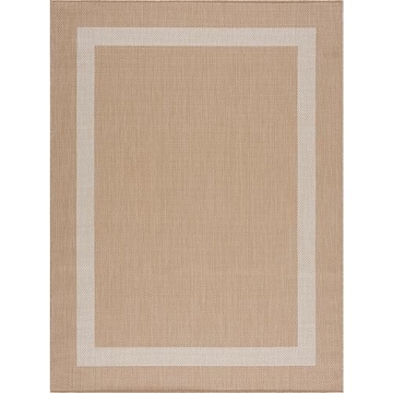 CAMILSON Outdoor Rug - Modern Area Rug for Patios, Porches, Kitchens, and Hallways - Waterproof, Washable, Non-Shedding, Easy-to-Clean Indoor/Outdoor Carpet (5x7, Bordered - Beige/White)