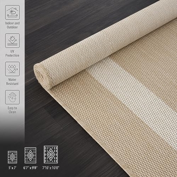 CAMILSON Outdoor Rug - Modern Area Rug for Patios, Porches, Kitchens, and Hallways - Waterproof, Washable, Non-Shedding, Easy-to-Clean Indoor/Outdoor Carpet (5x7, Bordered - Beige/White)