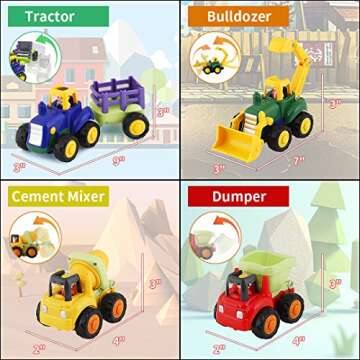 HISTOYE Toddler Toy Car Trucks for 1 2 3+Year Old Boys,Friction Powered Cars for Toddlers Construction Toys Set of 4, Dump Truck Toy,Tractor,Bulldozer,Cement Mixer Truck,Preschool Gifts for Boy Girl