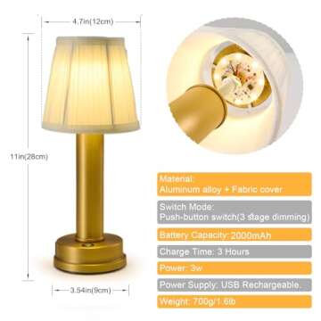 eypid 2000mah Battery Operated Table Lamps 3W LED Table Lamp Dimmable Portable Table Lamp 3 Level Br...