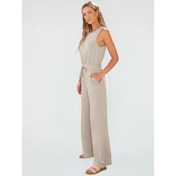 AUTOMET Womens Jumpsuits Dressy Summer Outfits Casual Sleeveless Wide Leg Long Pants Rompers Fashion Clothes 2024 Beige L