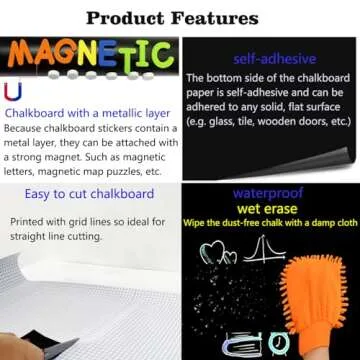 LACQWO Magnetic Chalkboard Contact Paper for Wall 46.3"x18" Self Adhesive Magnetic Wall Board Sticker with 12 Colors Liquid Chalk and 53 Magnetic Letters for Kids, Black Chalk Board Wallpaper Roll