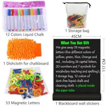 LACQWO Magnetic Chalkboard Contact Paper for Wall 46.3"x18" Self Adhesive Magnetic Wall Board Sticker with 12 Colors Liquid Chalk and 53 Magnetic Letters for Kids, Black Chalk Board Wallpaper Roll