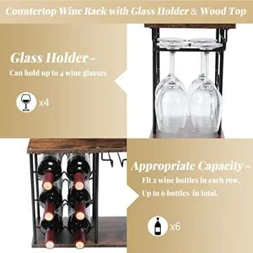 MOOACE Countertop Wine Rack for 6 Bottles & 4 Glasses