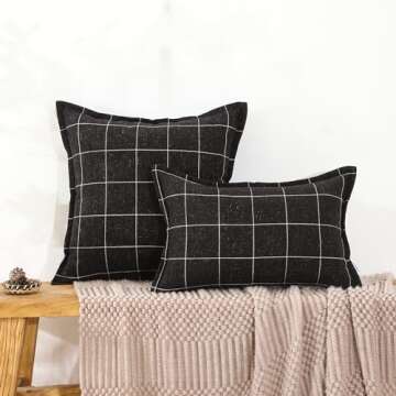AMAROTI Black and White Plaid Boho Farmhouse Linen Throw Pillow Covers Set of 2, 12x20 inches, Black