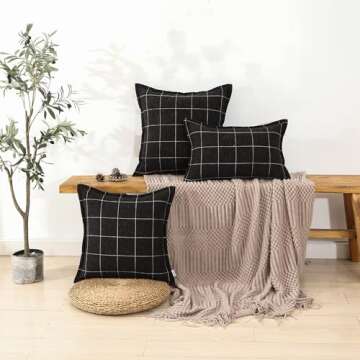 AMAROTI Black and White Plaid Boho Farmhouse Linen Throw Pillow Covers Set of 2, 12x20 inches, Black