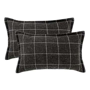AMAROTI Black and White Plaid Boho Farmhouse Linen Throw Pillow Covers Set of 2, 12x20 inches, Black