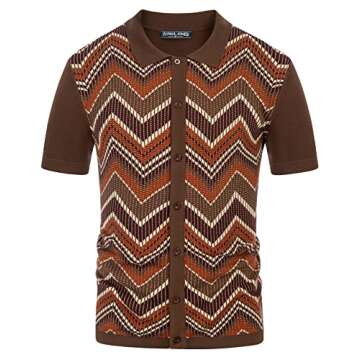 Mens Knit Polo Shirts Vintage Lapel Collar Contrast Stripes Casual Skin-Friendly Button Down Cardigan Shirts Short Sleeve Coffee Small