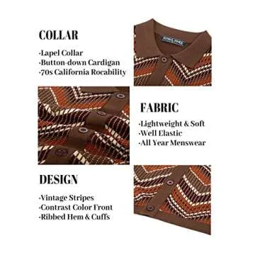 Mens Knit Polo Shirts Vintage Lapel Collar Contrast Stripes Casual Skin-Friendly Button Down Cardigan Shirts Short Sleeve Coffee Small
