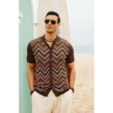 Mens Knit Polo Shirts Vintage Lapel Collar Contrast Stripes Casual Skin-Friendly Button Down Cardigan Shirts Short Sleeve Coffee Small