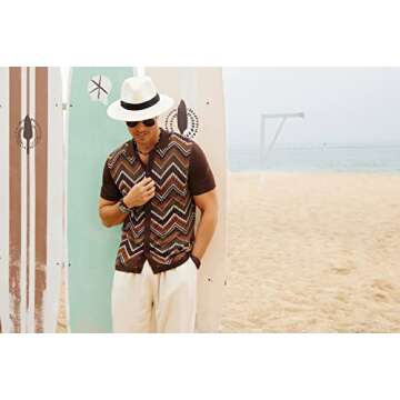 Mens Knit Polo Shirts Vintage Lapel Collar Contrast Stripes Casual Skin-Friendly Button Down Cardigan Shirts Short Sleeve Coffee Small