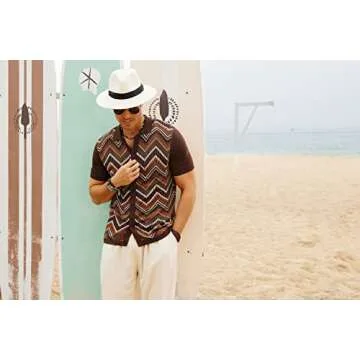 Mens Knit Polo Shirts Vintage Lapel Collar Contrast Stripes Casual Skin-Friendly Button Down Cardigan Shirts Short Sleeve Coffee Small