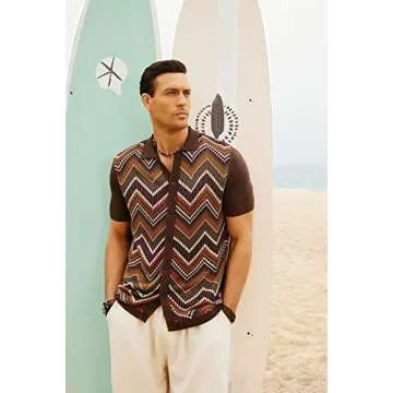 Mens Knit Polo Shirts Vintage Lapel Collar Contrast Stripes Casual Skin-Friendly Button Down Cardigan Shirts Short Sleeve Coffee Small