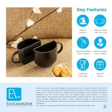 ExclusiveLane Half Ceramic Tea Cups | Black, 130ml | Set of 2 | Handmade Studio Pottery Tea Glasses for Tea Party | Coffee Mugs for Hot or Cold Beverages | Microwave Safe | Ideal Housewarming Gift
