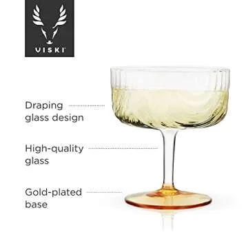 Viski Gatsby Coupes, Stemmed Cocktail Glasses, Glass and Gold Plating for Manhattans, Martinis, 8 Oz...