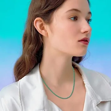 Dralox Sterling Silver 3mm Created Emerald Tennis Necklace Choker Tennis Chain Necklace Jewelry Gifts for Women 14"
