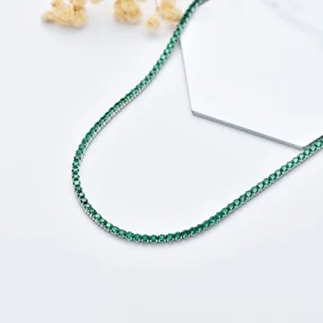 Dralox Sterling Silver 3mm Created Emerald Tennis Necklace Choker Tennis Chain Necklace Jewelry Gifts for Women 14"