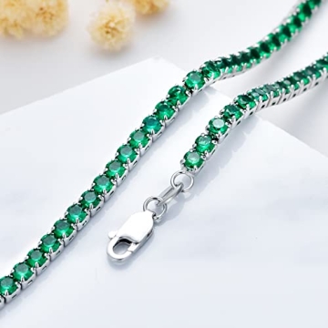 Dralox Sterling Silver 3mm Created Emerald Tennis Necklace Choker Tennis Chain Necklace Jewelry Gifts for Women 14"