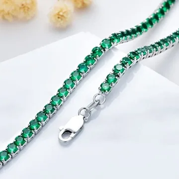 Dralox Sterling Silver 3mm Created Emerald Tennis Necklace Choker Tennis Chain Necklace Jewelry Gifts for Women 14"