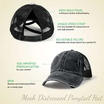 Criss Cross Ponytail Baseball Cap for Women Trucker Hats Mesh Adjustable High Messy Bun Ponycap Washed Distressed Dad Hat (Black, One Size)