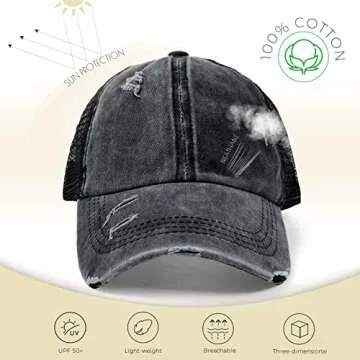 Criss Cross Ponytail Baseball Cap for Women Trucker Hats Mesh Adjustable High Messy Bun Ponycap Washed Distressed Dad Hat (Black, One Size)