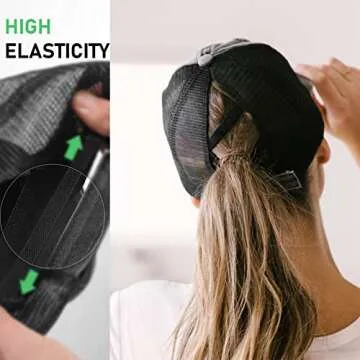 Criss Cross Ponytail Baseball Cap for Women Trucker Hats Mesh Adjustable High Messy Bun Ponycap Washed Distressed Dad Hat (Black, One Size)