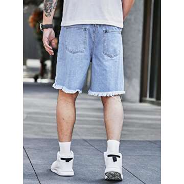 Verdusa Men's Ripped Distressed Raw Trim High Waist Straight Leg Denim Shorts Blue Medium
