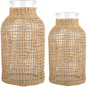DOITOOL Glass Flower Vase with Rattan Cover - Decorative Floral Vase for Home Centerpiece Decor (Sma...
