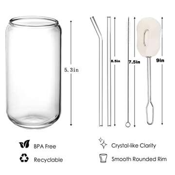 6 Pack Beer Glass Cups with Lids and Straws - Can Shaped Drinking Glasses, 16 oz Iced Coffee Glasses, Cute Tumbler Cup for Smoothie, Boba Tea, Whiskey, Water - 2 Cleaning Brushes, 1 Sponge Cup Brush