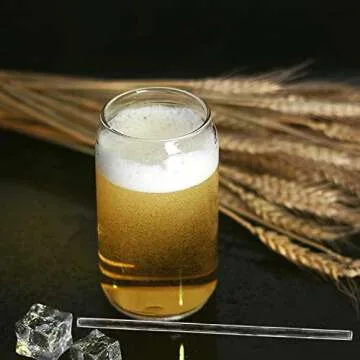 6 Pack Beer Glass Cups with Lids and Straws - Can Shaped Drinking Glasses, 16 oz Iced Coffee Glasses, Cute Tumbler Cup for Smoothie, Boba Tea, Whiskey, Water - 2 Cleaning Brushes, 1 Sponge Cup Brush