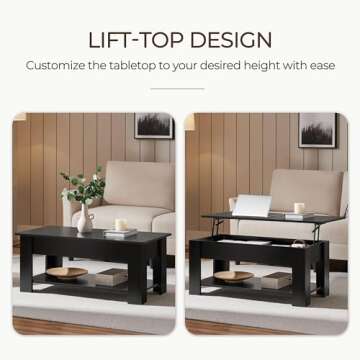 Yaheetech Wooden Coffee Table, Lift Top Coffee Table with Large Hidden Storage Shelf, Lift Tabletop Dining Table for Living Room, Home Small Space, 38.6in, Black