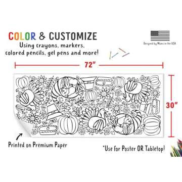 Tiny Expressions Thanksgiving Coloring Tablecloth for Kids - Rolled, Not Folded 30" x 72" Giant Coloring Banner to Color - Thanksgiving Activities for Kids