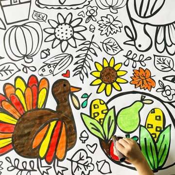 Tiny Expressions Thanksgiving Coloring Tablecloth for Kids - Rolled, Not Folded 30" x 72" Giant Coloring Banner to Color - Thanksgiving Activities for Kids