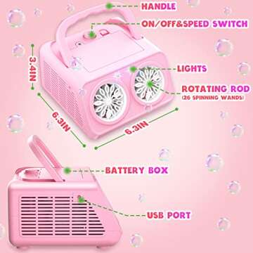 Upgraded Bubble Machine, for Kids Age 3+ Gifts | 18000+ Big Bubbles Per Minute, with 2 Speed, Plug-in or Battery Powered, for Indoor Outdoor Birthday, Wedding, Parties (Pink-2)