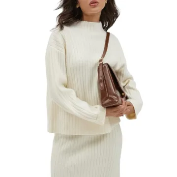 CHYRII Womens Fashion Two Piece Outfits Mock Neck Oversized Sweater Tops Skirt Sets Sweater Dress Lounge Sets White XS
