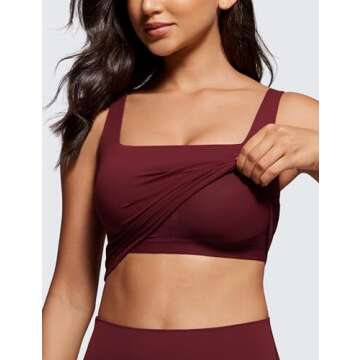 CRZ YOGA Butterluxe Womens Square Neck Longline Sports Bra - Workout Crop Tank Tops Padded Yoga Camisole with Built in Pads Red Merlot Large